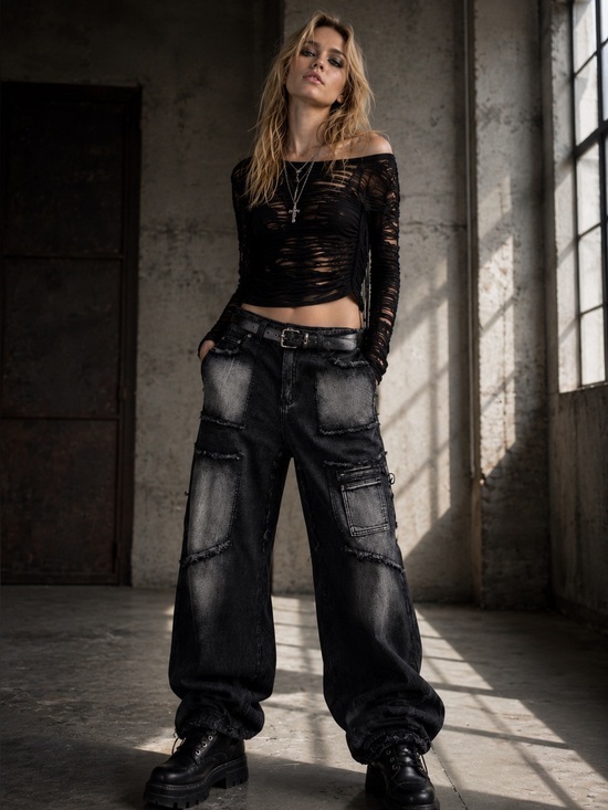 Handmade Denim - Yuefas Studios Black w 33” Deconstructed Jeans Wide Leg Indie Sleaze Y2K Grunge